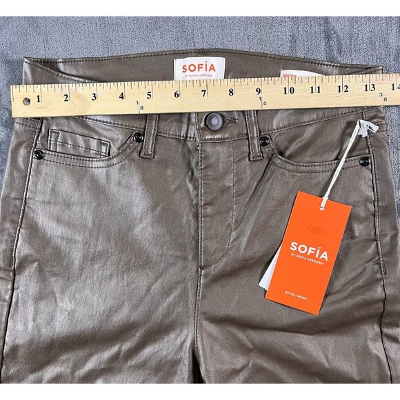 NWT SOFIA VERGARA Melisa High-Rise Faux Leather Flare Pants Jeans Brown SZ 0 - Picture 6 of 9